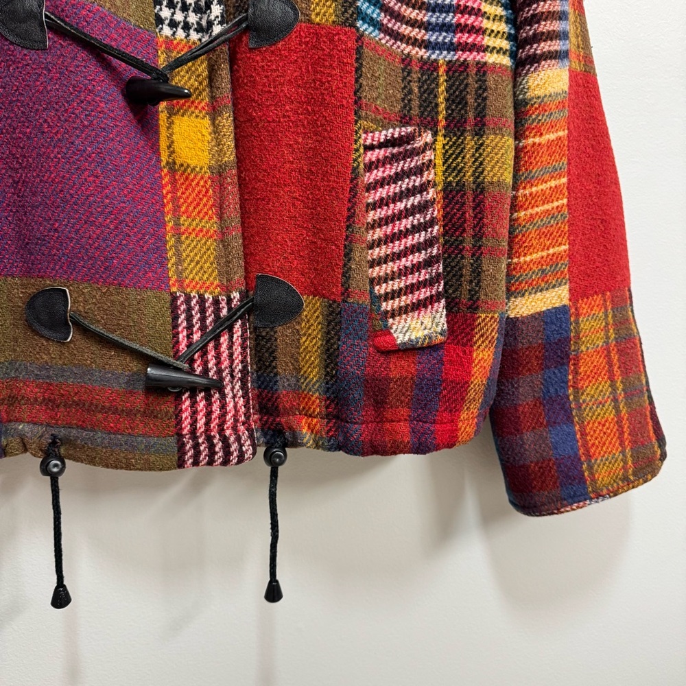 Vintage 90s The Limited Multicolored Plaid Patchwork Hooded Toggle Jacket L - Picture 4 of 13